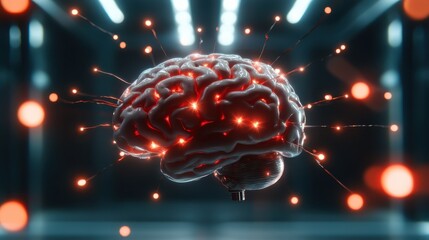 A glowing digital brain surrounded by vibrant sparks symbolizes intelligence, creativity, and the potential of human thought, showcasing modern technology and its impact on cognition.