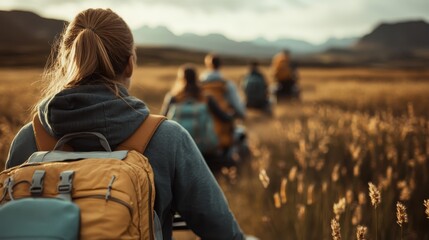 A group of hikers, seen from behind, traverses a golden field and mountain trail during the golden hour, embodying adventure, camaraderie, and the beauty of nature.