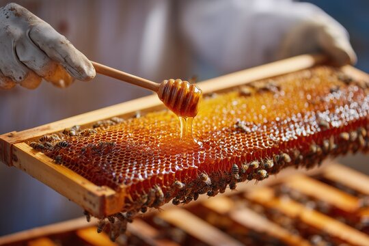 Beekeeper handling honeycomb frame full of brood and bees during afternoon inspection in apiary