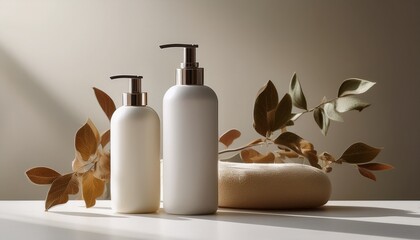 minimalist foam cleanser bottles on neutral background