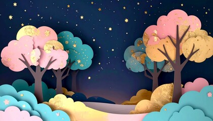 In a dreamlike paper-cut forest, trees with golden, teal, and rose-colored cloud, night landscape with a tree