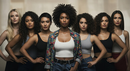 A diverse group of seven confident women standing together as a united team showcasing strength and empowerment