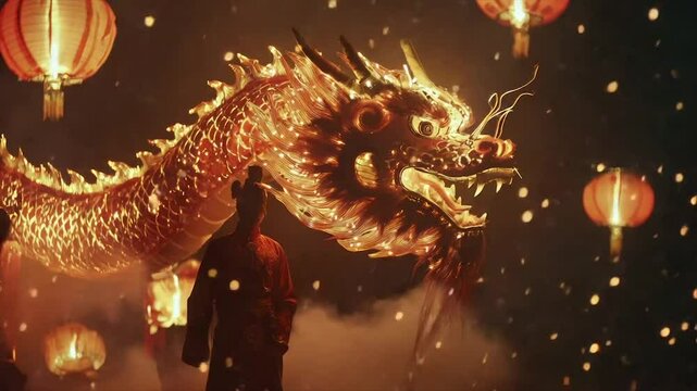 Luminous dragon puppet performance amidst lanterns