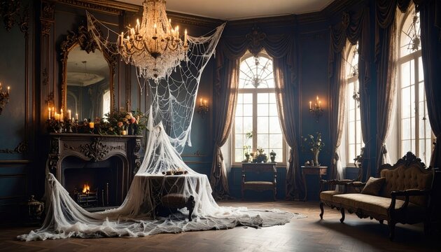 Elegant gothic room with chandelier and cobwebs, perfect for Halloween or themed parties and events