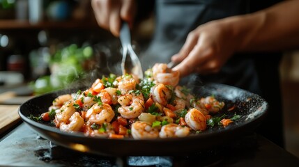 A chef skillfully stirring shrimp with fresh vegetables in a sizzling pan, embodying culinary art and the joy of cooking in a vibrant kitchen atmosphere full of flavor.
