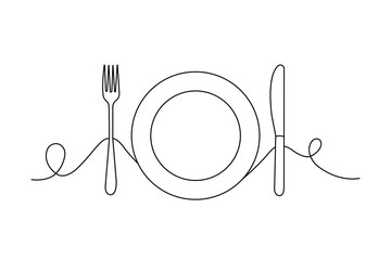 line fork knife and plate continuous one line drawing