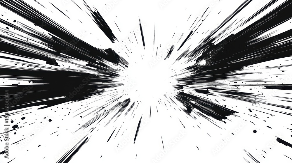 Poster abstract black and white radial burst effect, dynamic lines converging to a bright center.