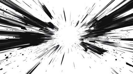 Abstract black and white radial burst effect, dynamic lines converging to a bright center.