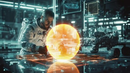 Astronaut studies glowing orb on futuristic tech table - Powered by Adobe