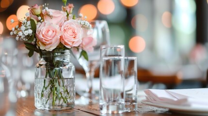 An elegant table setting featuring a lovely floral arrangement with pink roses and soft greenery surrounded by glassware, creating a romantic ambiance for a special occasion.