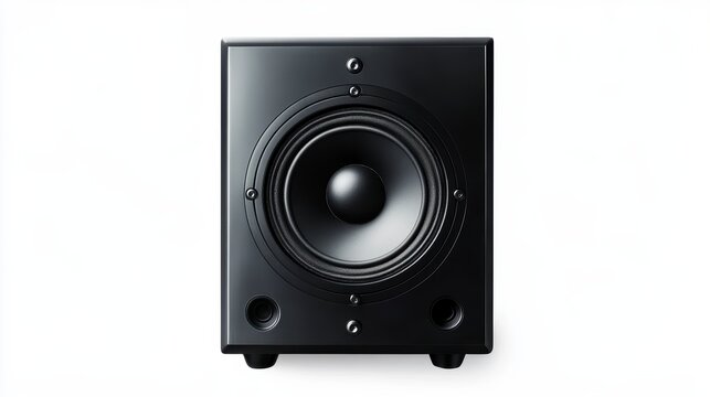 Black cube subwoofer speaker isolated on white background.