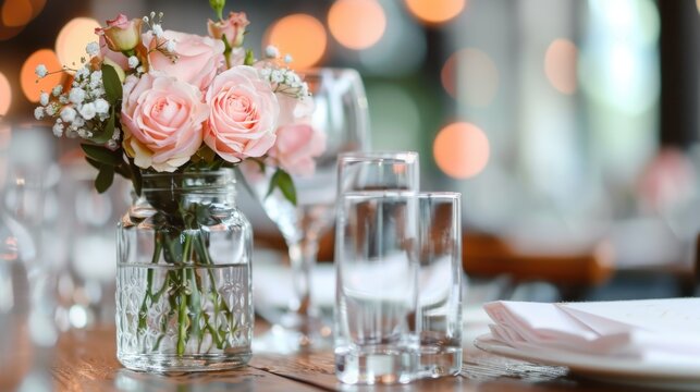An elegant table setting featuring a lovely floral arrangement with pink roses and soft greenery surrounded by glassware, creating a romantic ambiance for a special occasion.