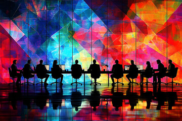 Silhouetted figures sit at a table against a vibrant, geometric glass backdrop reflecting in a glossy floor