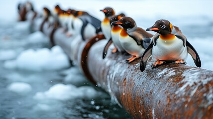 A group of curious penguins standing on a weathered pipe amidst icy waters, showcasing their playful nature and camaraderie in a beautiful natural setting.