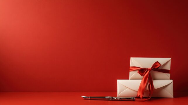 An artistic arrangement of elegant envelopes tied with red ribbons and a classic pen resting on a striking red background, representing sophistication, love, and refined taste.
