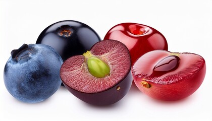 cut grape blackberry blueberry and cherry showing their seeds on a transparent background