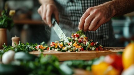 A chef skillfully chopping a variety of colorful fresh vegetables, emphasizing culinary artistry and the importance of healthy cooking in everyday life for food lovers.