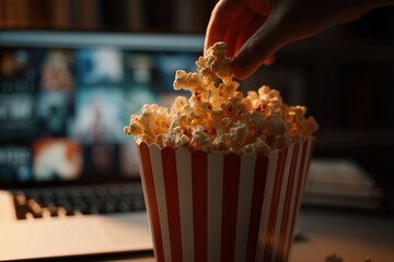 Hand reaching into striped popcorn container during movie night at home