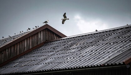 Seagulls Resting on Roofs Under Dramatic Sky with One Bird in Flight Above a Rainy Coastal Landscape