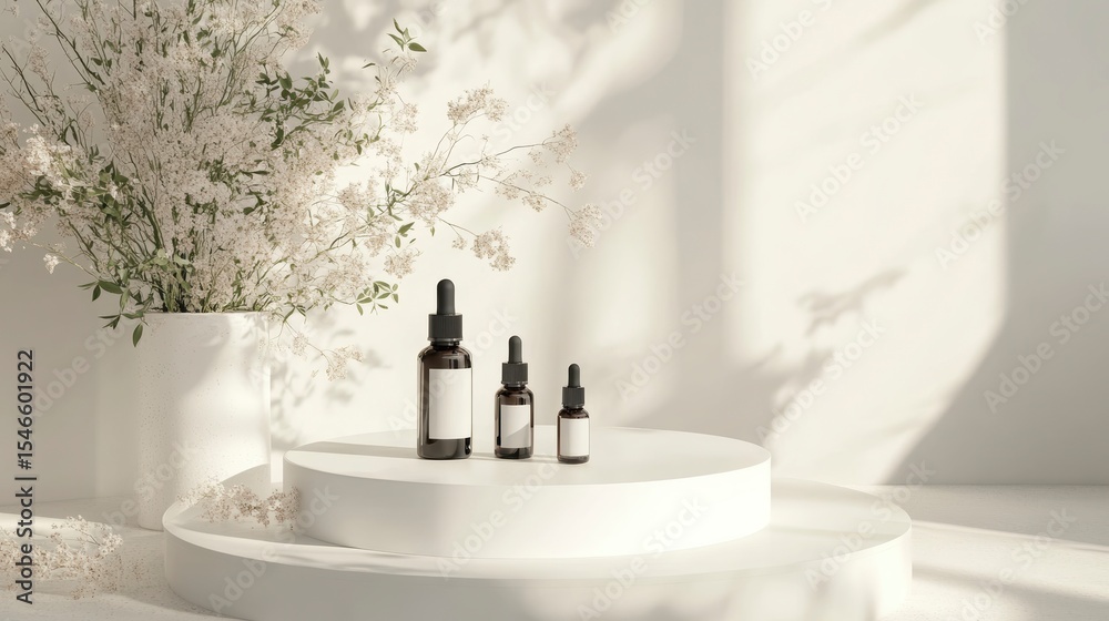 Poster minimalist product display with amber bottles and white flowers on a white platform.