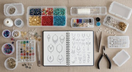 Craft supplies for jewelry making displayed on a table including beads, findings, tools and design sketches preparation for earring creation