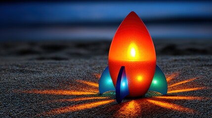 Red Rocket on a Beach at Night with Light Rays