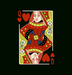 Queen character, Hearts suit playing card in vintage Black design,  editable stroke line, vector colorful isolated illustration.	