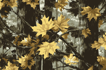 Camouflage pattern. Vector hunting seamless pattern. Forest background. Jungle texture. Oak tree pattern. Hunting camo.  Tree barks, leaves, military background