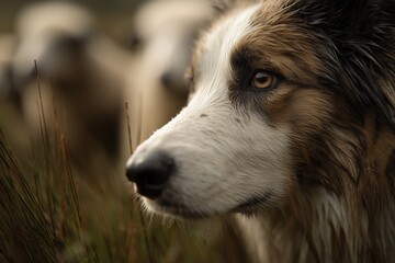 Fototapeta premium Close up of a sheepdogs attentive face watching over sheep in a field during golden hour