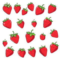 A collection of hand-drawn red strawberries of various sizes, each with green leaves on a white background.