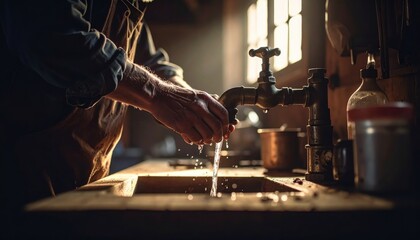 Hands of a Craftsman Working at a Rustic Sink with Water Splashes in a Sunlit Workshop Space