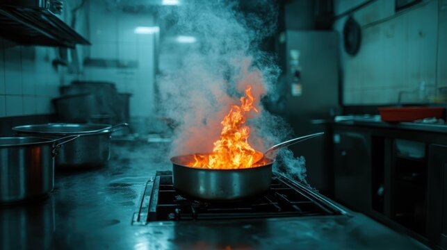 A vibrant flash of fire bursts from a pot on the stove in a bustling kitchen, capturing the intensity of cooking and the dynamic energy of culinary creativity.