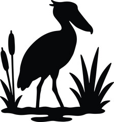 Silhouette shoebill standing in water with cattails vector illustration