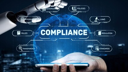Fototapeta na wymiar Compliance ensures alignment with standards, laws, and policies. A strong compliance system helps enforce regulation, protect organizations, and improve global compliance transparency. Muxer