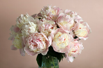 Bouquet of pastel pink and white peonies blooming in glass vase