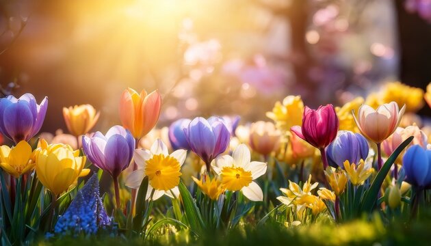 a vibrant outdoor scene of spring flowers illuminated by sunlight celebrating the joy of springtime