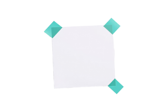A blank white sheet of paper secured with teal corner tape, ideal for design mockups or creative projects.