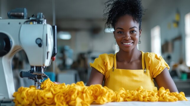 A skilled seamstress smiles while working with vibrant yellow fabrics, showcasing creativity and craftsmanship in a dedicated workspace filled with inspiration.