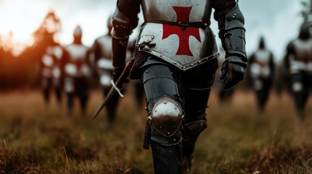 A group of medieval knights dressed in shining armor, featuring a striking red cross, represents courage, honor, and the spirit of chivalry from a bygone era.