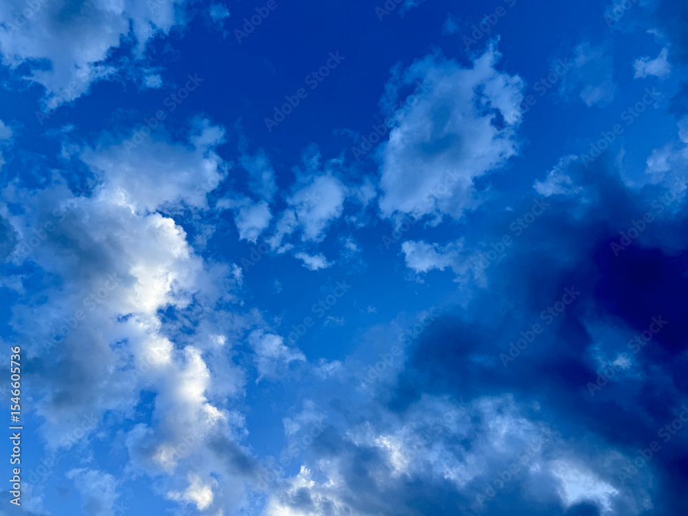 Poster dramatic twilight sky with layered cumulus clouds and deep blue tones, ideal for website header, nat