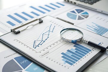 Naklejka premium Analyzing financial data with graphs charts and magnifying glass for business strategy