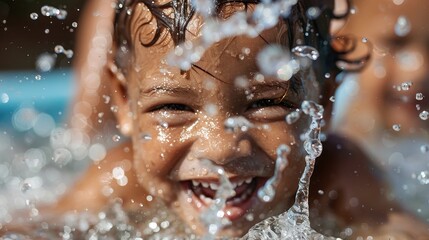 A close-up of a joyful child laughing amidst splashes of water perfectly encapsulates the essence of childhood joy and carefree summer fun at the pool.