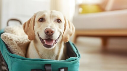 Naklejka na ściany i meble A joyful golden labrador retriever sits comfortably in its pet carrier, exuding happiness and warmth, representing the bond between pets and their families in a cozy home setting.
