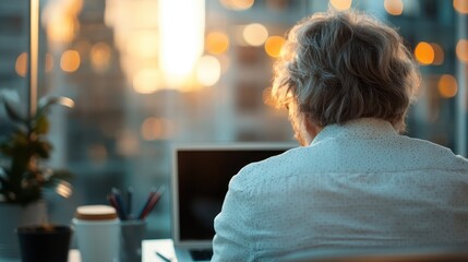 An elderly person seated at a modern desk, engaged in work on a laptop while the warm glow of a sunset fills the scene through large windows, emphasizing reflection and focus.