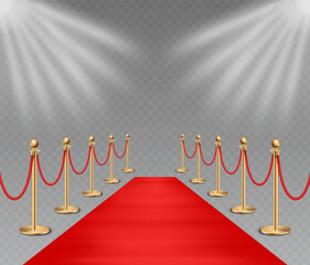 Red carpet entrance with golden barriers under bright spotlights. Realistic vector illustration isolated on transparent background.
