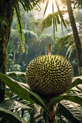 Fototapeta premium Ultra high resolution 8K image of a single perfectly ripe durian with sharp, spiky greenish-yellow skin, positioned prominently in the foreground. The background showcases the dense tropical rainfores