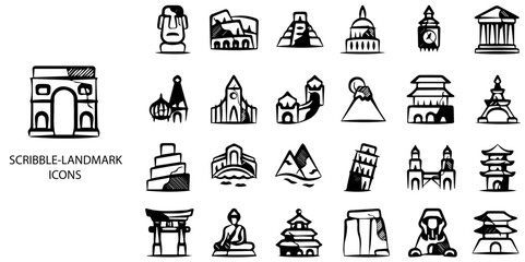 Scribble Landmark simple concept 24 hand drawn Black  and White color icons set .Vector illustration.	