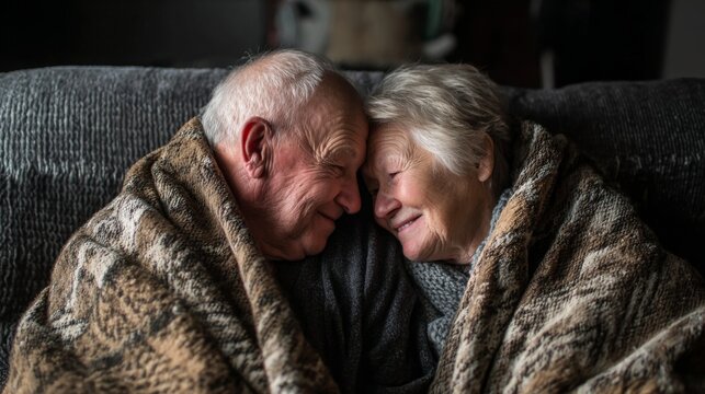 An elderly couple cuddled up on the sofa watching a movie under a blanket 