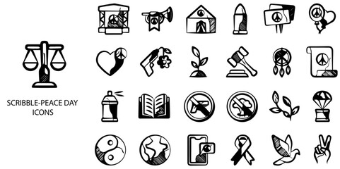 Scribble peace day simple concept 24 hand drawn Black  and White color icons set .Vector illustration.	