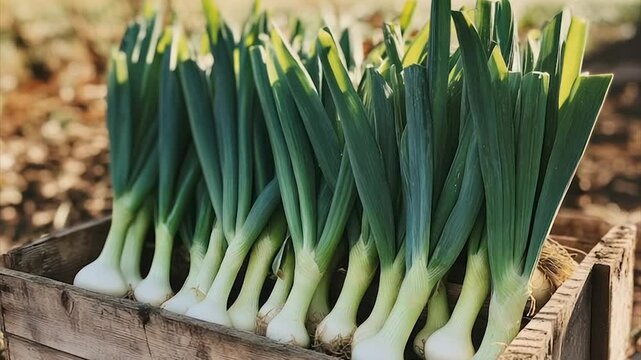 Freshly harvested leeks in a rustic wooden crate